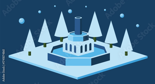 Serene winter park with a decorative fountain and snow-covered trees, creating a peaceful atmosphere.
