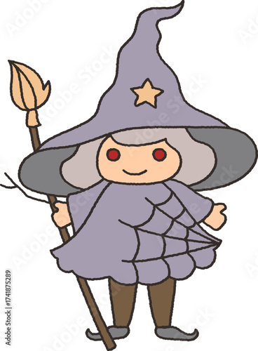 Cute halloween witch doodle in cartoon hand drawing style 