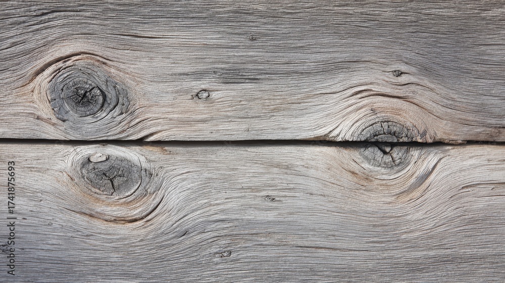 Naklejka premium Symmetrical Weathered Wood Plank Texture: Natural Knots and Grains Stand Out on Neutral Backdrop