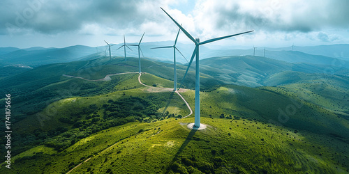 Aerial view of wind turbines on green hills under cloudy sky, showcasing renewable energy and nature beauty