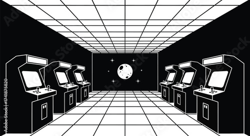 Retro arcade game room with moon background vector illustration editable vector