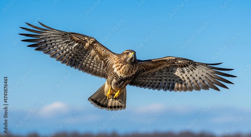 Fototapeta premium Majestic hawk soaring through the vibrant blue sky, wings spread wide.