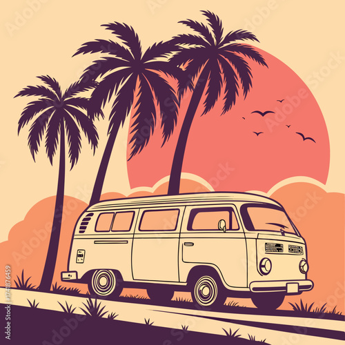Vintage camper van sunset palm trees retro illustration vector graphic scalable eps icon