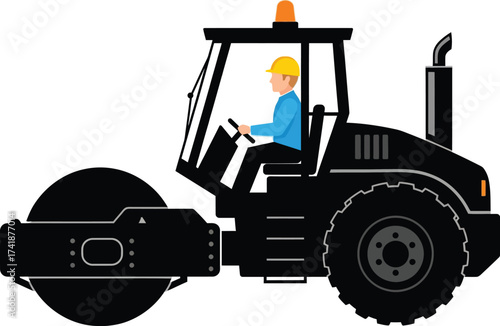 Illustration of road roller construction vehicle with driver inside editable vector
