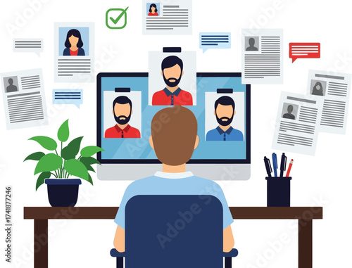 Online recruitment process virtual job interview hiring candidates editable vector