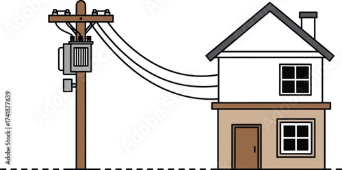 Electric pole and house vector illustration home power supply line editable vector