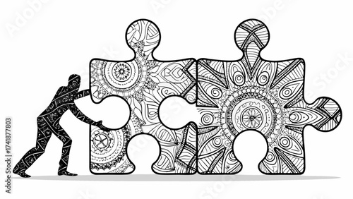 Dynamic patterned jigsaw puzzle joined by silhouette, symbolizing teamwork and problem solving success