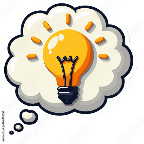 Illustration of a lightbulb in a thought bubble representing ideas innovation and creative thinking concept vector sticker icon