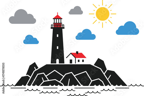 Illustration of lighthouse on island with sun and clouds vector editable vector