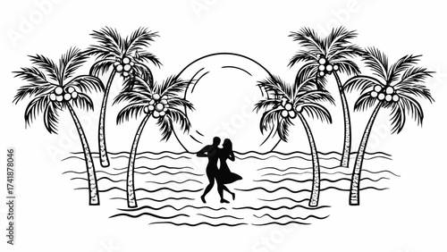 Romantic couple dancing on a tropical beach at sunset, surrounded by palm trees, creating a peaceful vacation mood