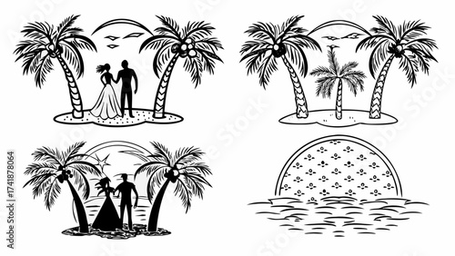 Romantic tropical island scenes with palm trees, a couple, and a vibrant sunset, perfect for vacation vibes