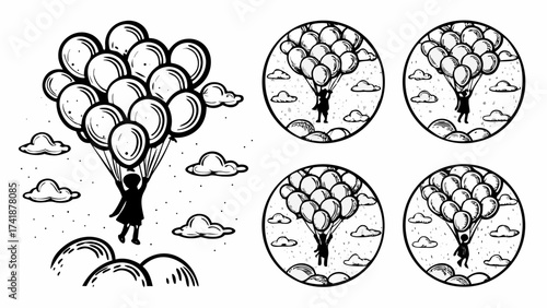 Whimsical sketched girl soaring through clouds with balloons, vintage illustration art design element
