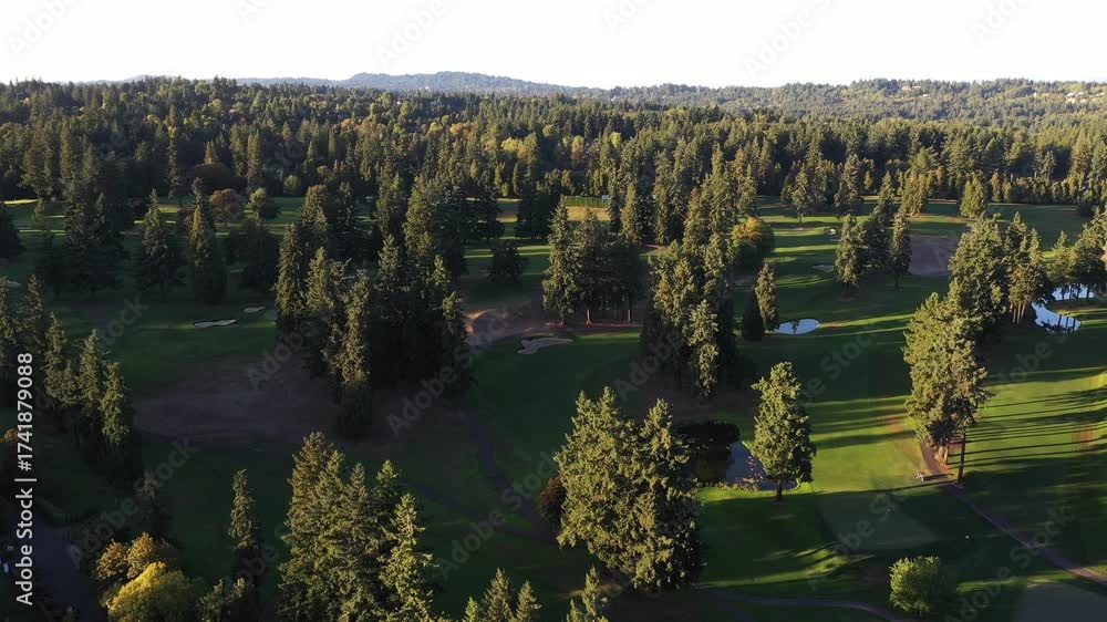 4K aerial drone footage of a golf course surrounded by green forest near Lake Oswego, Oregon. Scenic view of fairways, trees, and open landscape captured from above on a sunny evening in early fall
