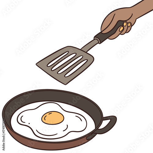 A hand holding a spatula above a frying pan with a fried egg on a white background image view on a white background
