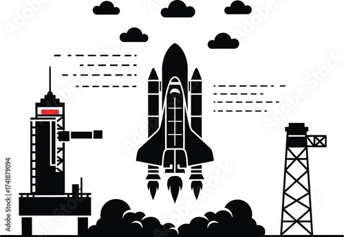 Space shuttle launch vector illustration black and white design editable vector