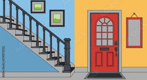 Cozy home interior with a red front door and a staircase leading upstairs.