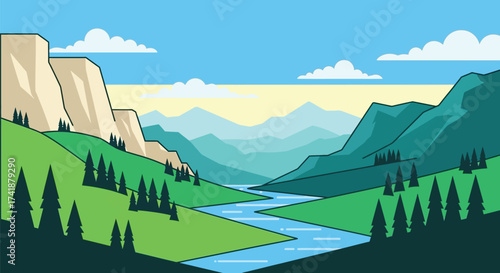 Vector landscape illustration of mountain river valley background editable vector