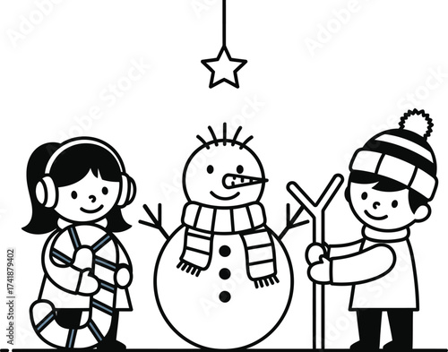 Winter holiday snowman building with kids vector illustration art editable vector
