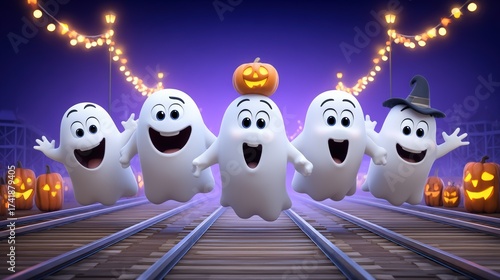 Happy Cartoon Ghosts Celebrate Halloween with Pumpkins and Lights