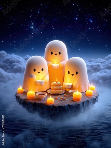 Cheerful Ghosts Celebrating Halloween with Cake and Candles at Night