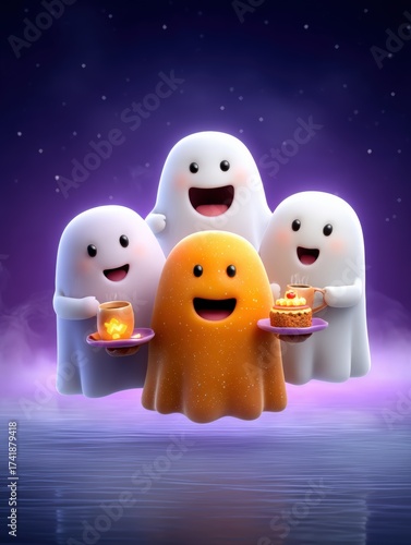Cute Cartoon Ghosts Having Fun With Treats and Halloween Cheer