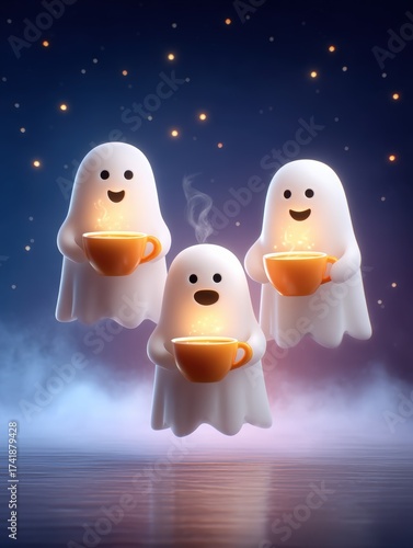Cute and Whimsical Ghosts with Warm Drinks in a Magical Setting
