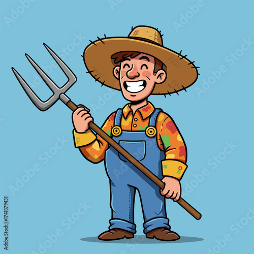 Smiling farmer in straw hat and colorful shirt holding pitchfork, standing on light blue background.