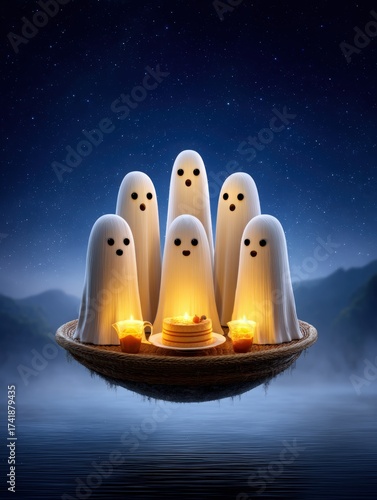 Friendly Ghosts Celebrating Halloween with Lanterns and Pancakes