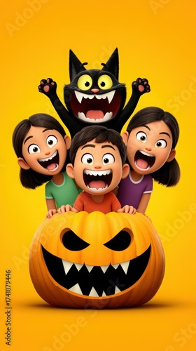 Happy Children with Pumpkin and Cat on Bright Halloween Background
