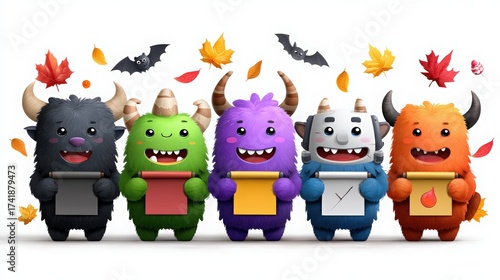 Colorful Cartoon Monsters Celebrating Autumn with Cute Expressions