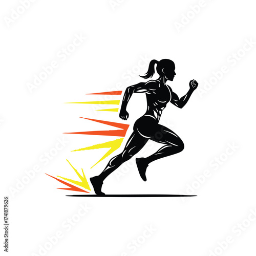 Dynamic silhouette of a female sprinter in motion with colorful streaks emphasizing speed and athleticism