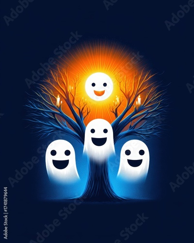 Whimsical Ghosts Gather Around a Cheerful Tree with a Bright Sun