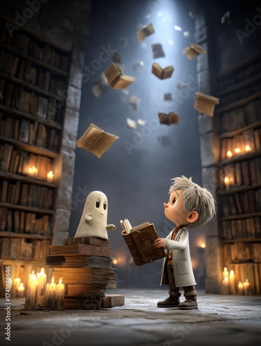 Child and Ghost in Enchanted Library with Floating Books
