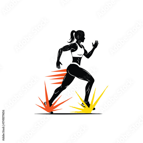 Dynamic female athlete running with speed and determination, showcasing strength, agility, and athleticism in motion