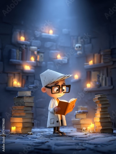 Young Scientist Reading Ancient Book in Mysterious Library