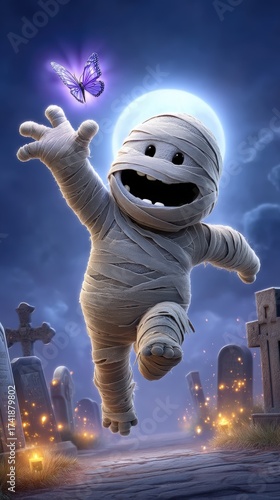 Playful Animated Mummy Chasing Butterfly Under Full Moon Night