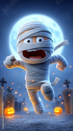 Spooky Animated Mummy Character Running in a Graveyard at Night