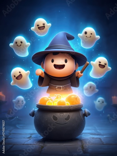 Magical Wizard with Ghosts and Cauldron in Enchanting Scene