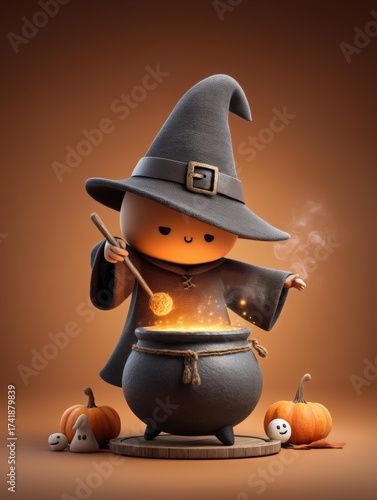 Cute Cartoon Witch Stirring Potion in Cauldron with Pumpkins