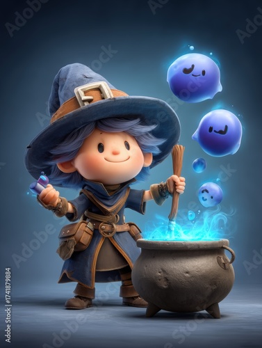 Charming Young Wizard Mixing Potion with Playful Ghosts in Cauldron