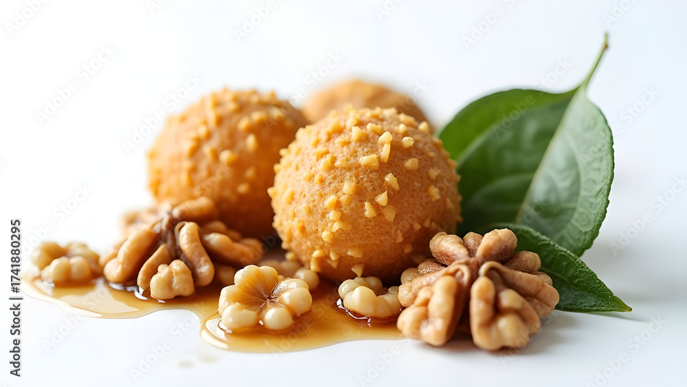Fototapeta premium Individual Muhalabieh Honeyed Walnuts Sage Leaves Clean Studio
