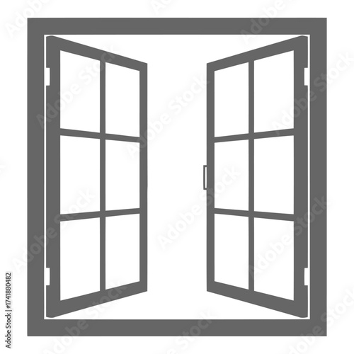 Open window with six panes on each side a white background