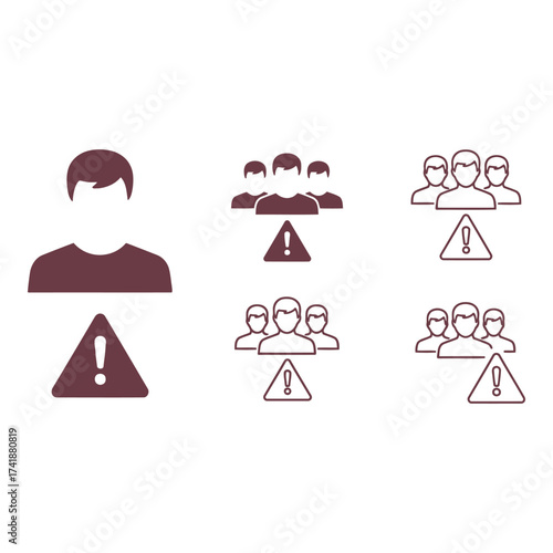 A collection of icons showing a single person or a group of people with an alert or warning triangle symbol.