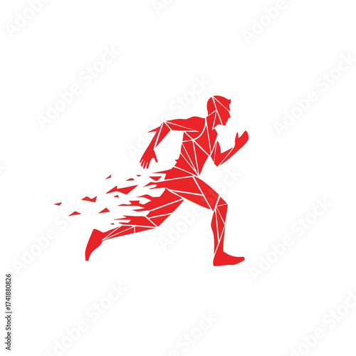 Dynamic geometric figure of a person running in a fragmented style symbolizing speed and motion in athletic activity
