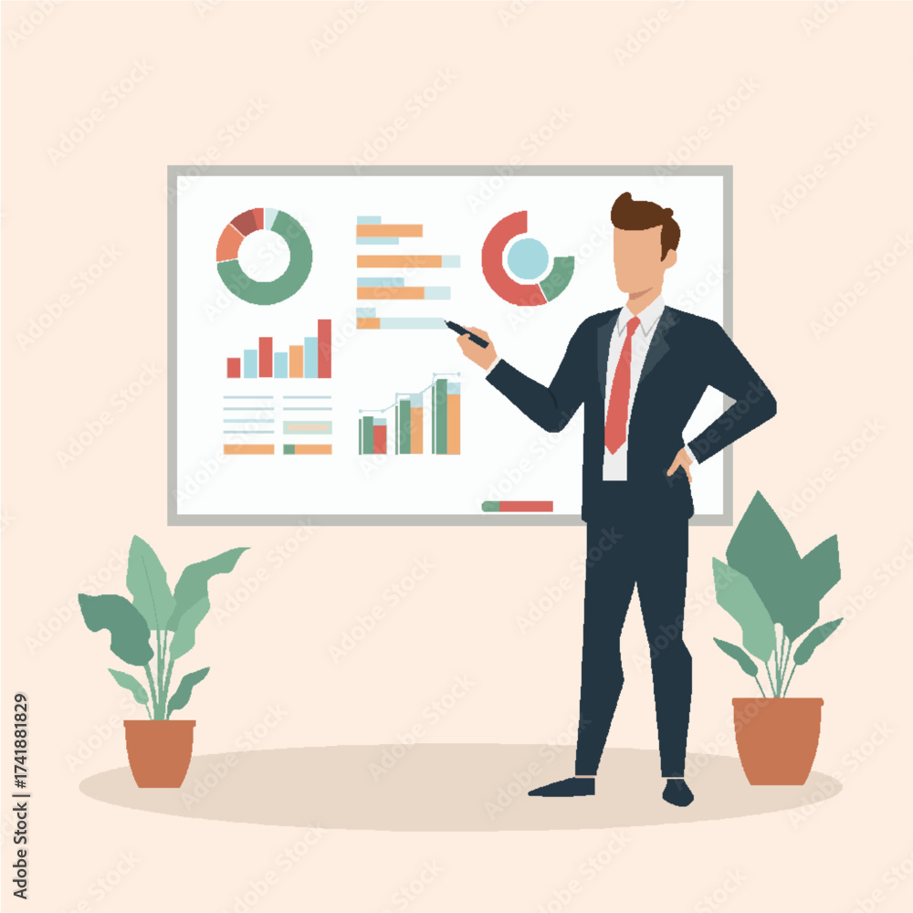Fototapeta premium Vector Illustration of Businesswoman Giving Presentation with Flowchart on Whiteboard in Office