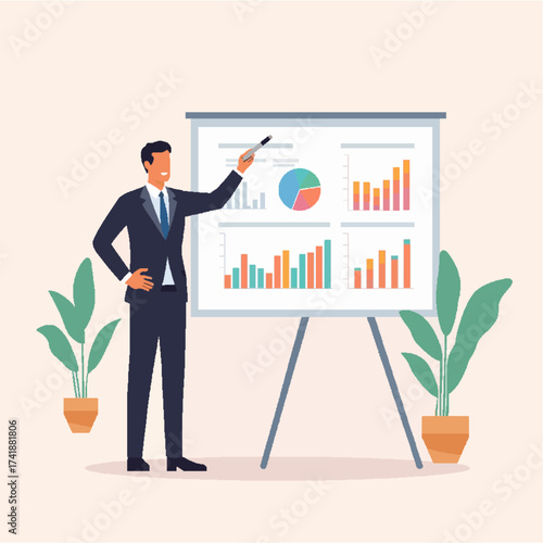 Vector Illustration of Businesswoman Giving Presentation with Flowchart on Whiteboard in Office