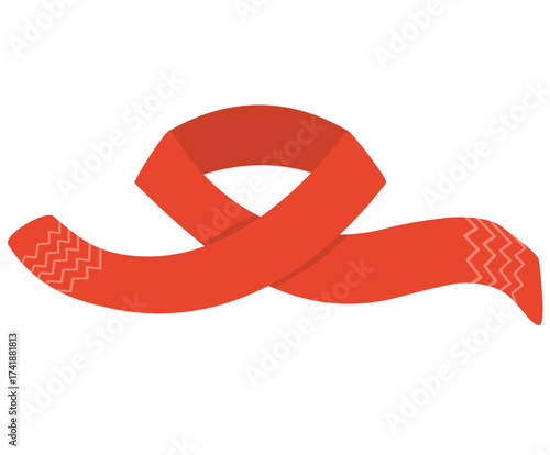 A red knitted scarf with a zigzag pattern on the ends, tied in a loop, isolated on white background
