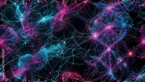 Colorful neon abstract network of glowing lines on dark background