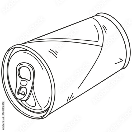 Illustration of a light blue aluminum can that is crushed against on a white background