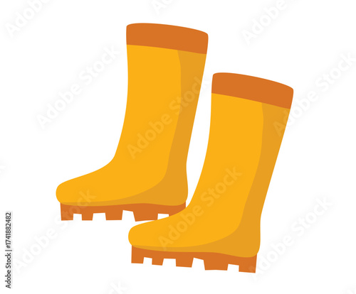 A pair of bright yellow rubber rain boots with orange soles and trim, isolated on a white background